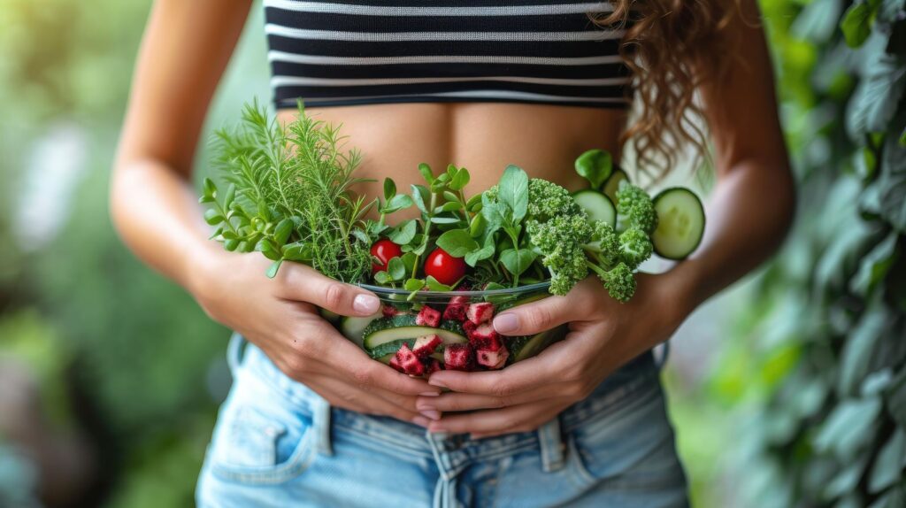 Hände halten frisches Gemüse und Kräuter vor dem Bauch, Symbol für Darmgesundheit